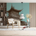 Chinese Architectural Pagoda Mural Wallpaper — Teal and Sepia Sketch Mural Wallpaper - room preview 02
