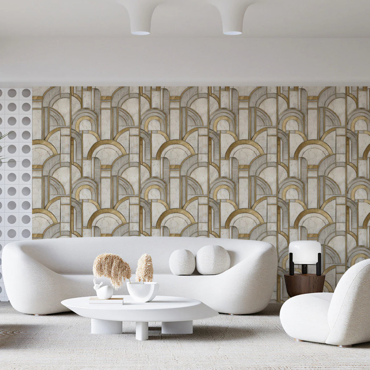 Art Deco Fan Arch Mural Wallpaper in Gold and Marble Mural Wallpaper - room preview 02