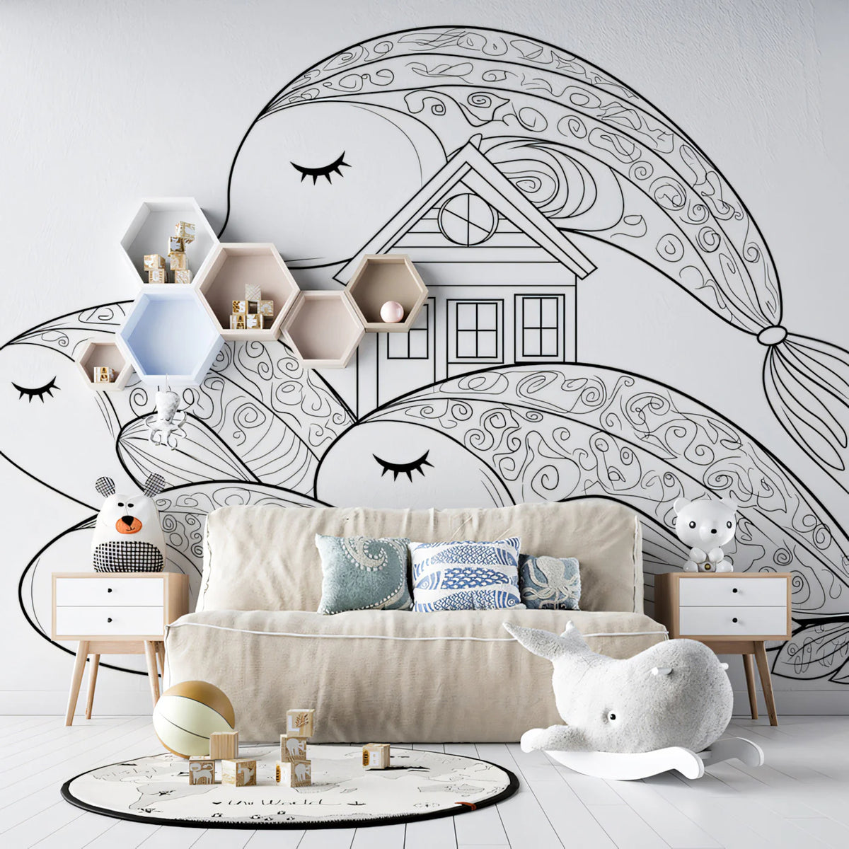 Whimsical Whale and Cottage Mural Wallpaper — Hand-Drawn Line Art Mural Wallpaper - room preview 02