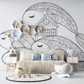 Whimsical Whale and Cottage Mural Wallpaper — Hand-Drawn Line Art Mural Wallpaper - room preview 02