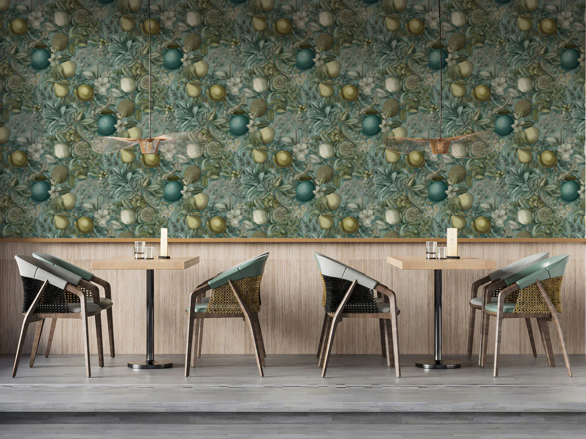 Vintage Lemon and Foliage Mural Wallpaper — Dark Arts and Crafts Mural Wallpaper - room preview 02