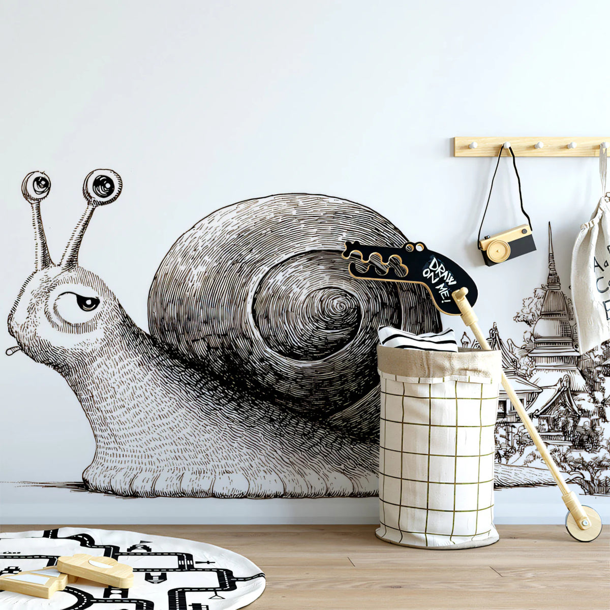 Snail and Temple City Sketch Mural Wallpaper —Whimsical Line Art Mural Wallpaper - room preview 02