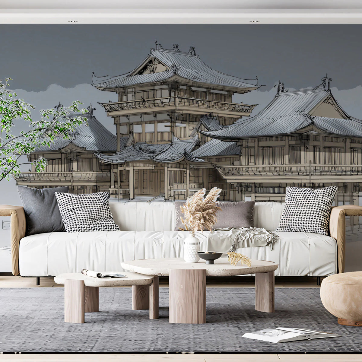East Asian Pagoda Architectural Sketch Mural Wallpaper - room preview 02