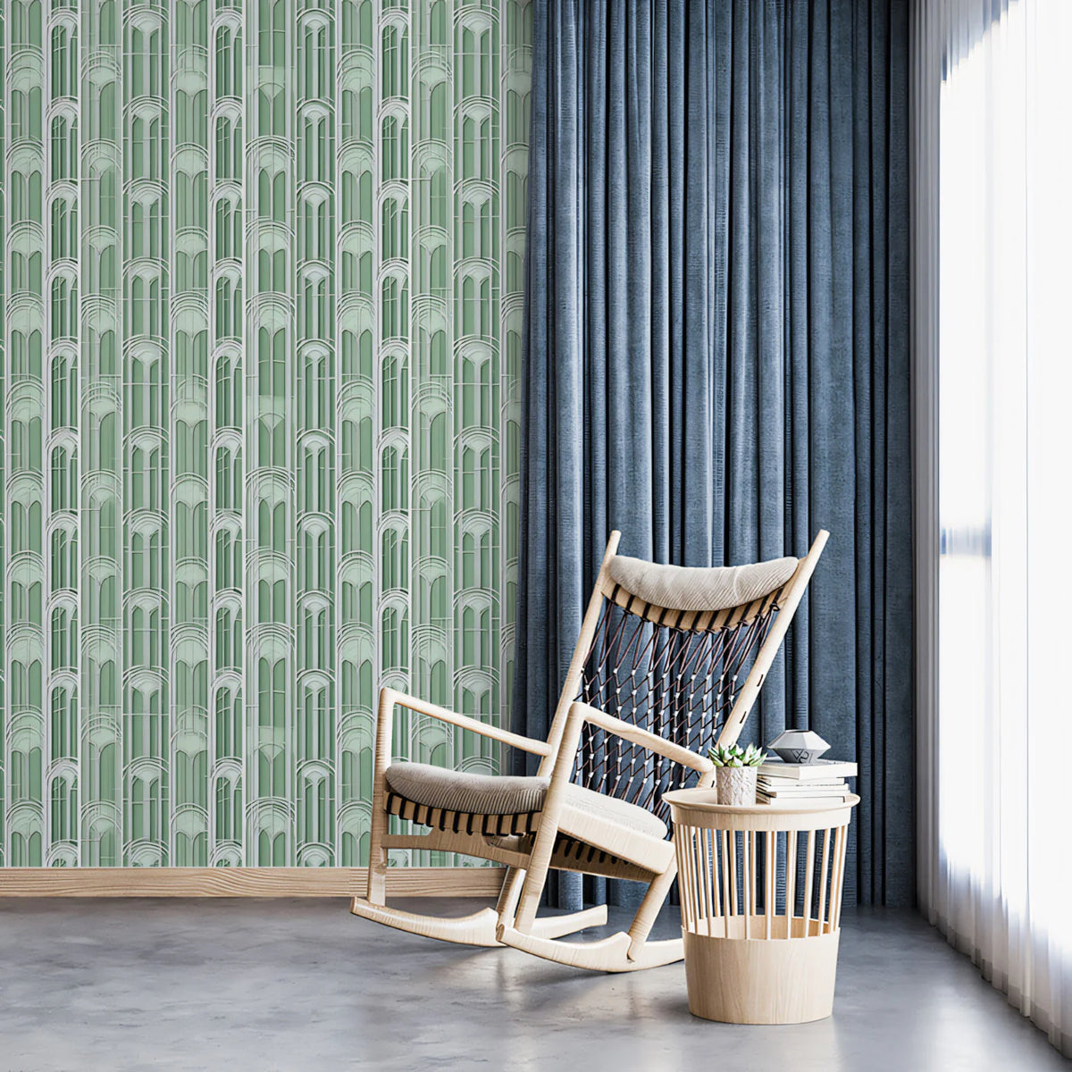 Pale Sage Fluted Arch Mural Wallpaper — Architectural Geometric Mural Wallpaper - room preview 02