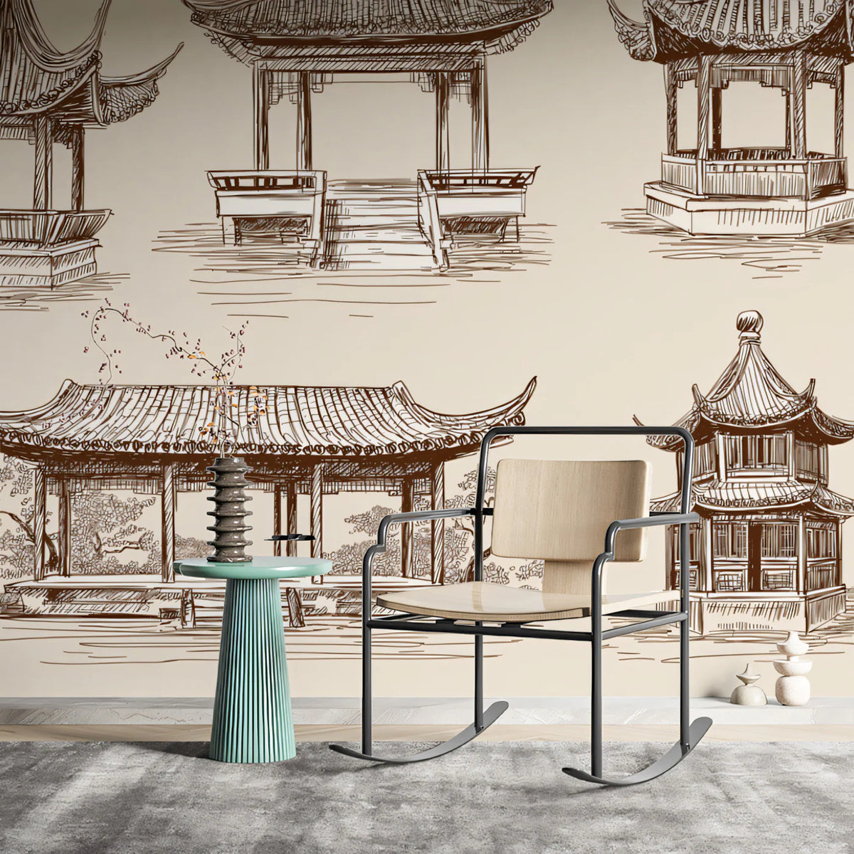 East Asian Pavilion Sketch Mural Wallpaper — Architectural Ink Drawing Mural Wallpaper - room preview 02