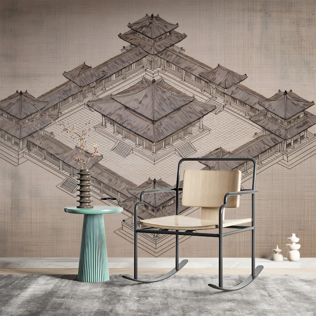Asian Courtyard Architectural Blueprint Mural Wallpaper - room preview 02
