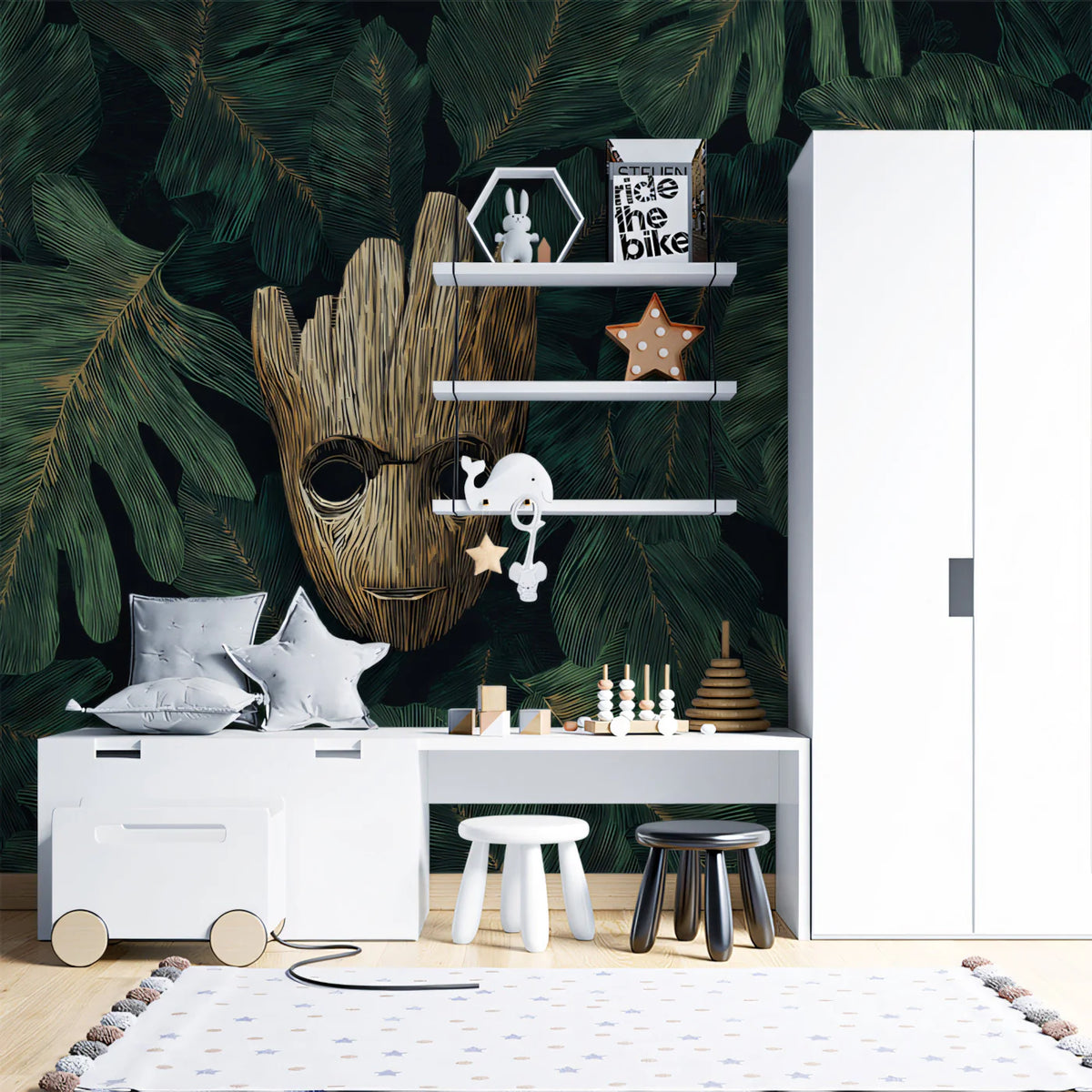 Golden Wood Mask Mural Wallpaper — Dark Botanical Illustration Mural Wallpaper - room preview 02