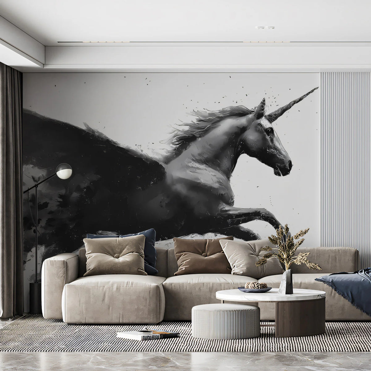 Winged Unicorn Ink Wash Mural Wallpaper — Gothic Fantasy Art Mural Wallpaper - room preview 02