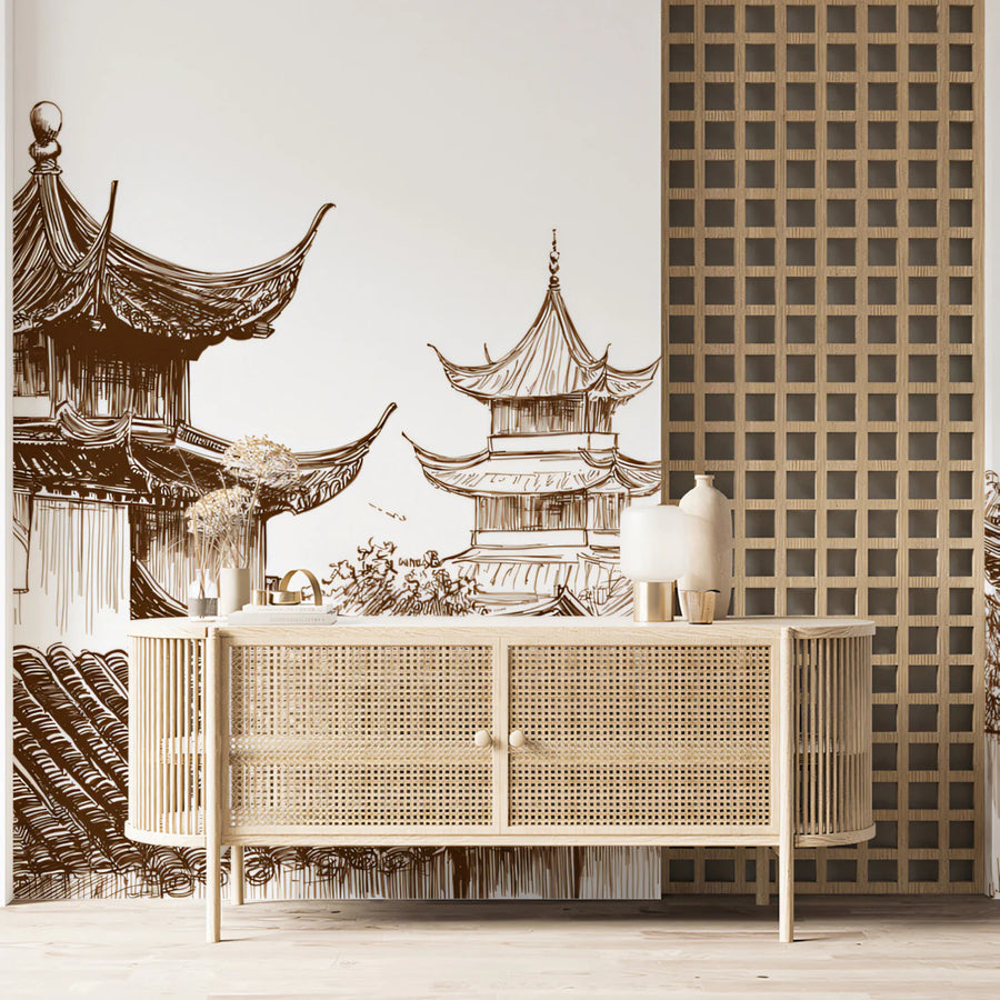Chinoiserie Wallpaper Mural – Chinese Style Wall Mural – Traditional Chinese Roofscape —Sepia Architectural