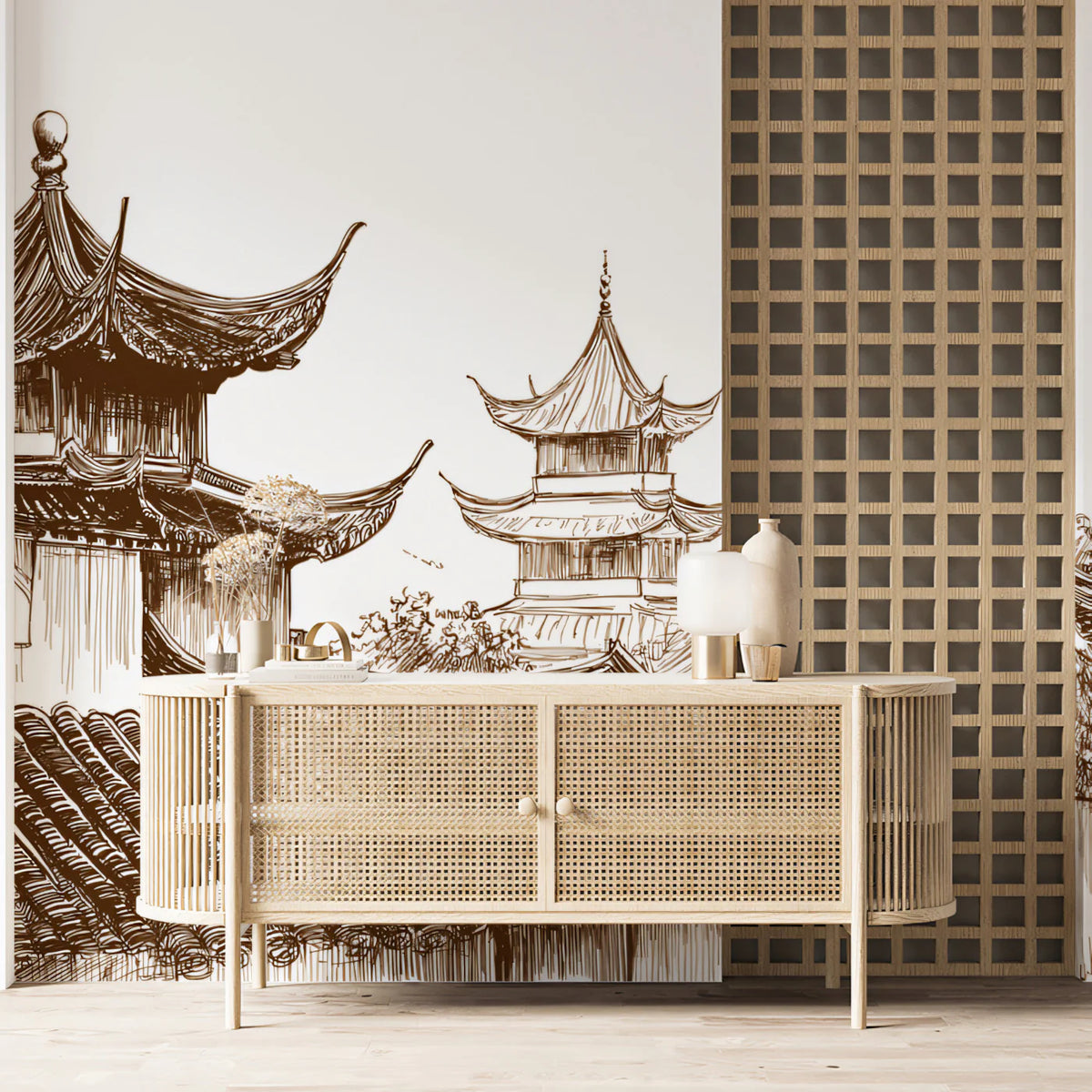 Traditional Chinese Roofscape Mural Wallpaper —Sepia Architectural Mural Wallpaper - room preview 02