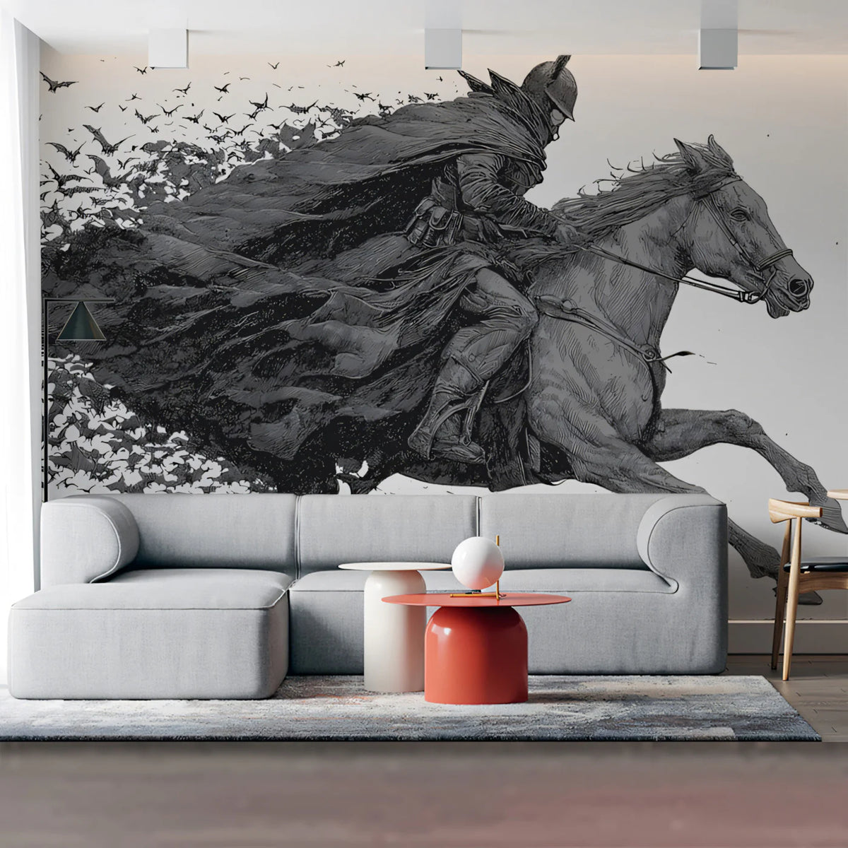 Knight and Bat Swarm Engraving Style Mural Wallpaper - room preview 02