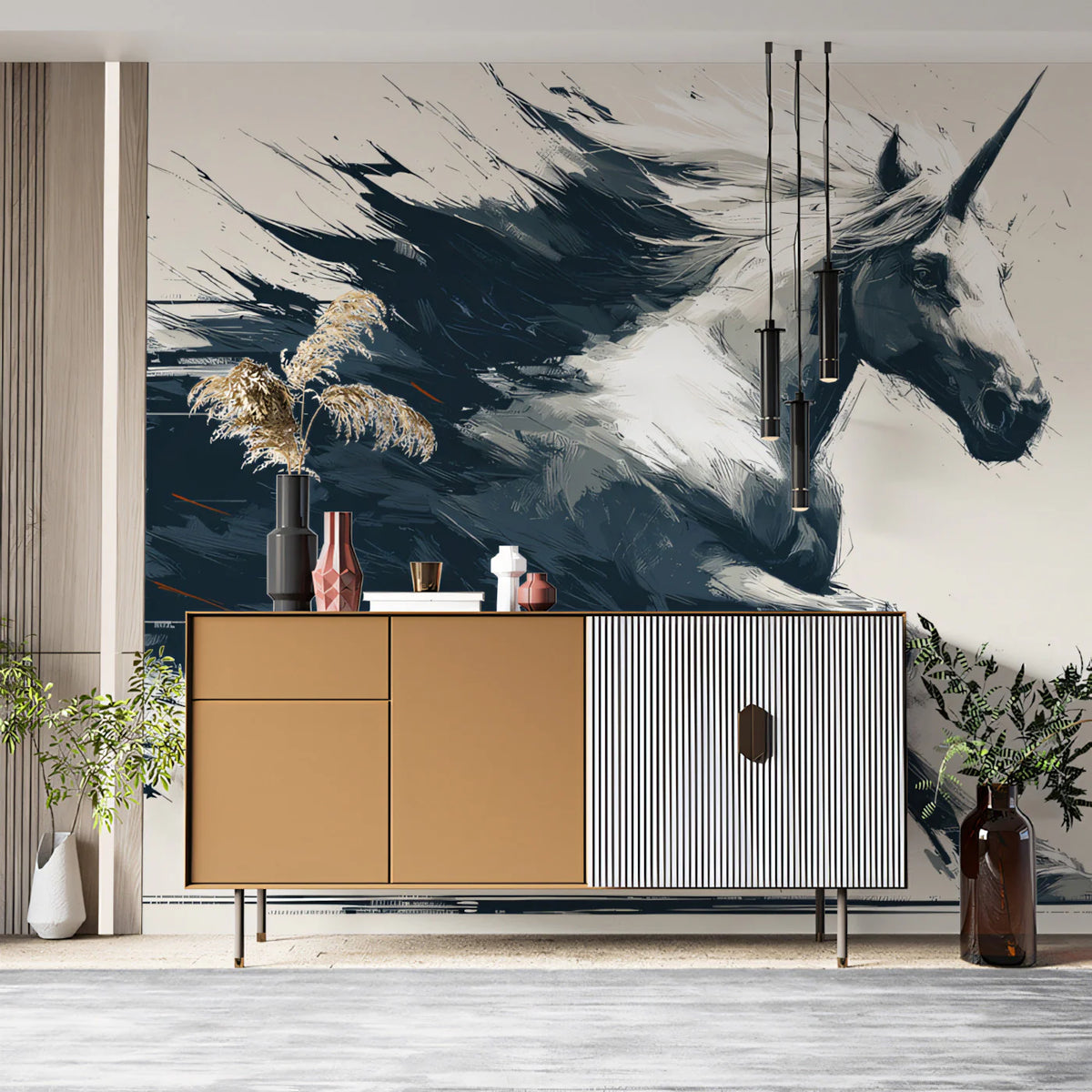 Galloping Unicorn Ink Sketch Mural Wallpaper — High-Velocity Art Mural Wallpaper - room preview 02