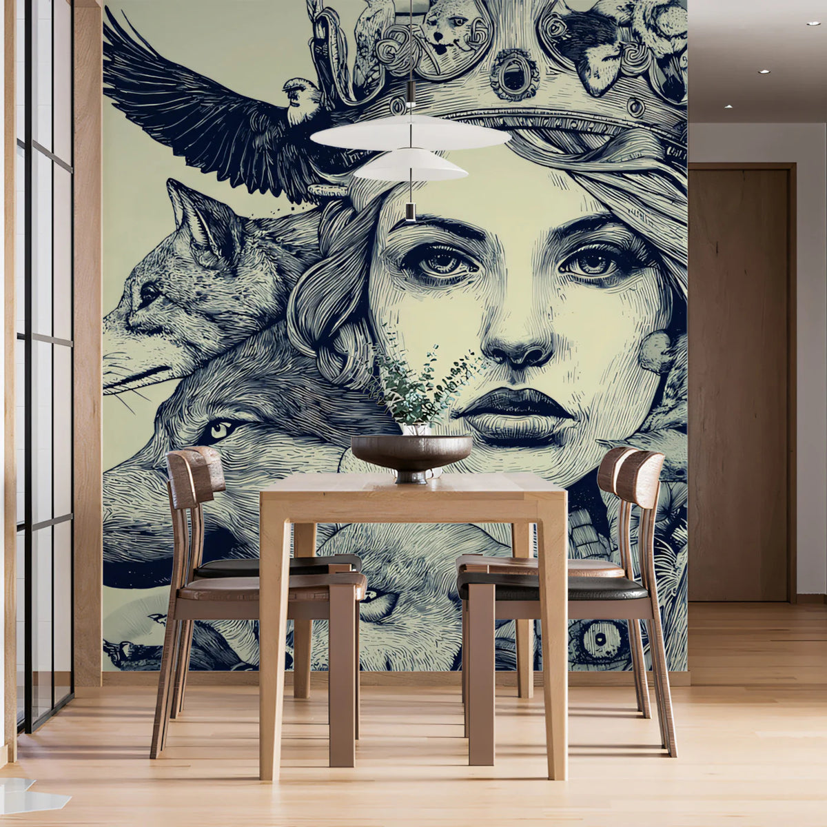 Queen of the Wild Mural Wallpaper — Intricate Monochrome Line Art Mural Wallpaper - room preview 02