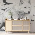 Running Wolf and Raven Swarm Ink Sketch Mural Wallpaper - room preview 02