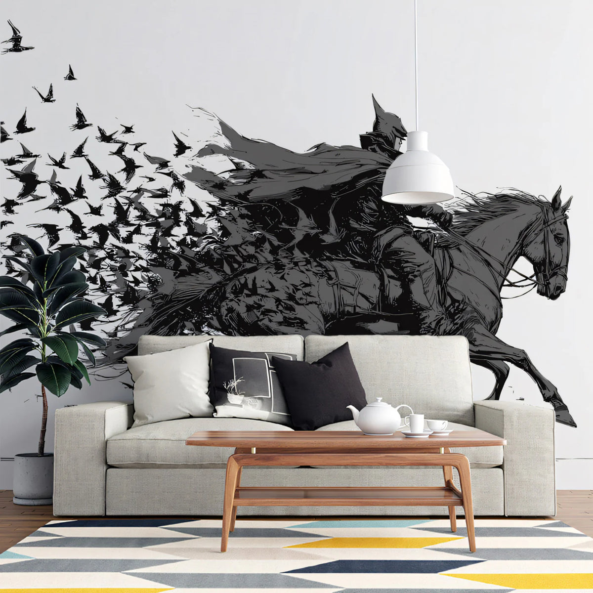 Galloping Knight Dissolving into Ravens Mural Wallpaper - room preview 02