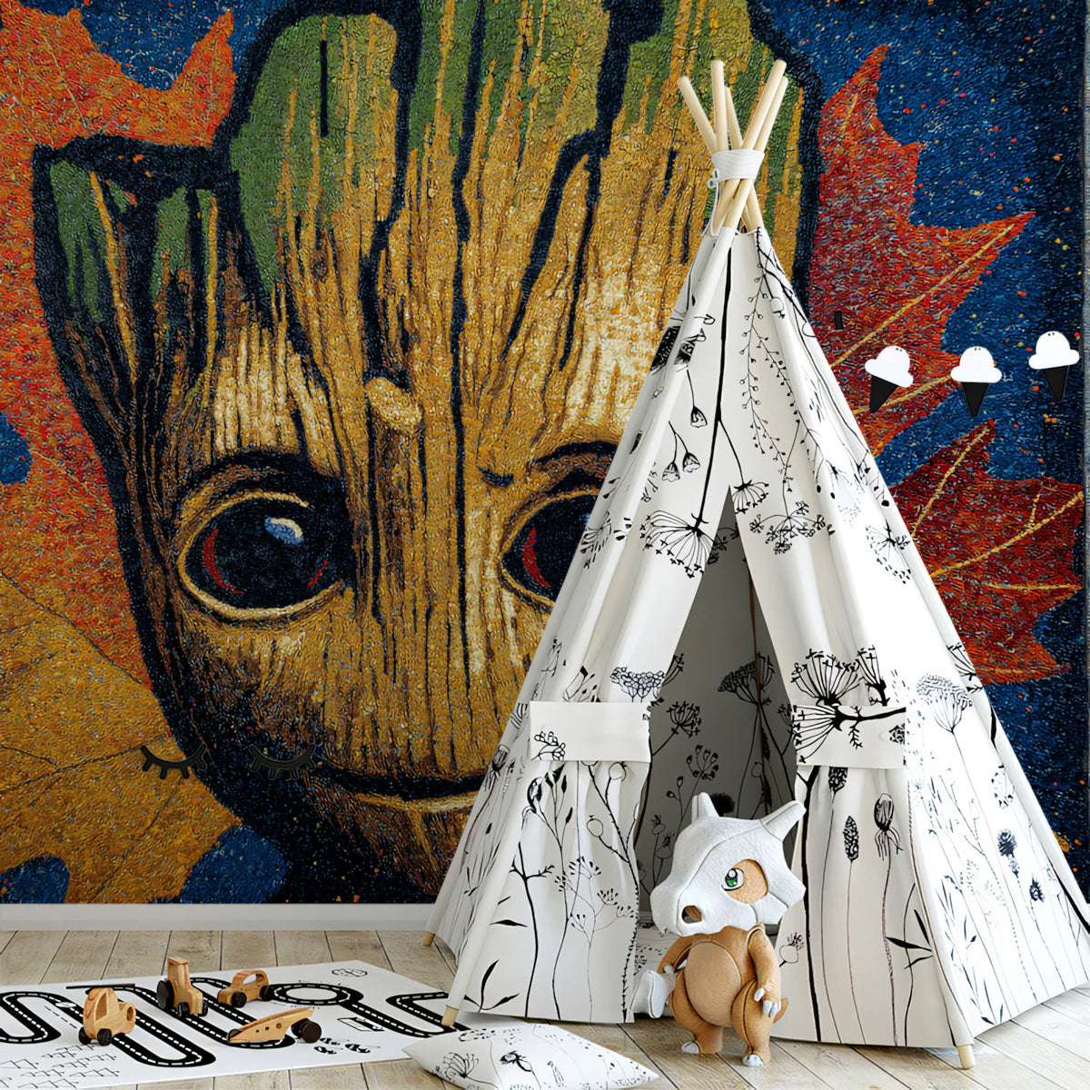Autumnal Forest Spirit Mural Wallpaper — Artistic Folk Portrait Mural Wallpaper - room preview 02