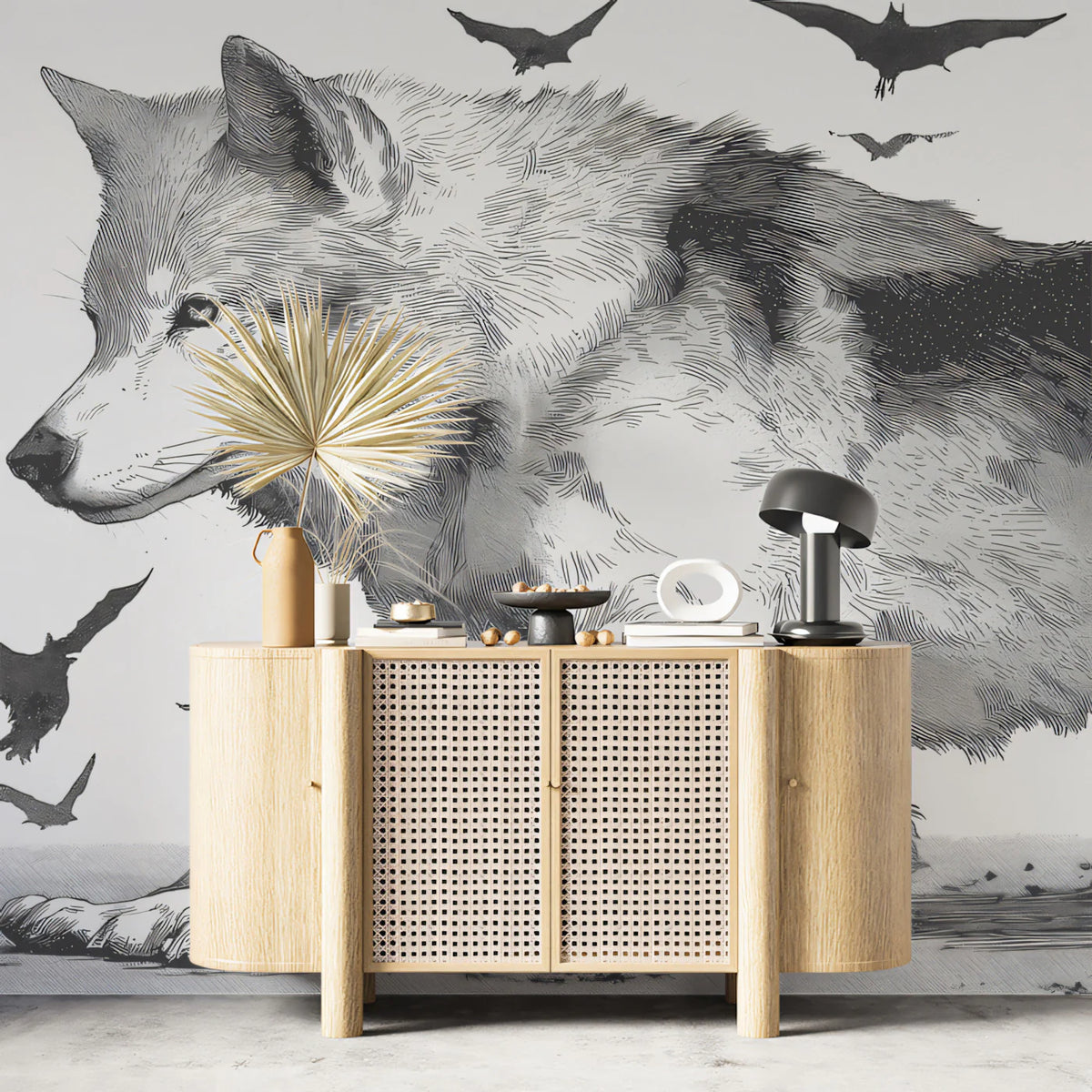 Running Wolf and Bat Swarm Mural Wallpaper — Engraving Style Mural Wallpaper - room preview 02