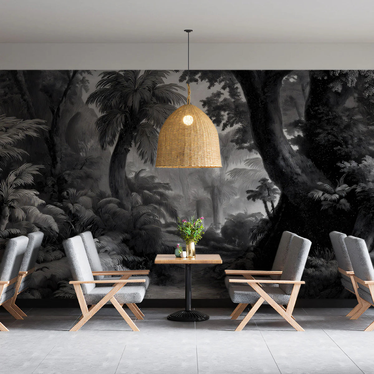 Vintage Jungle Engraving Mural Wallpaper — Architectural Monochrome Mural Wallpaper - room preview 02