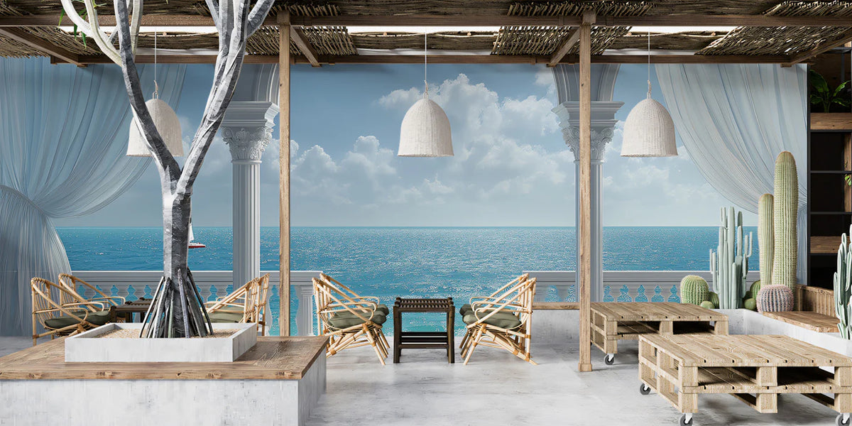 Classical Balcony Seascape Mural Wallpaper — Architectural View Mural Wallpaper - room preview 02
