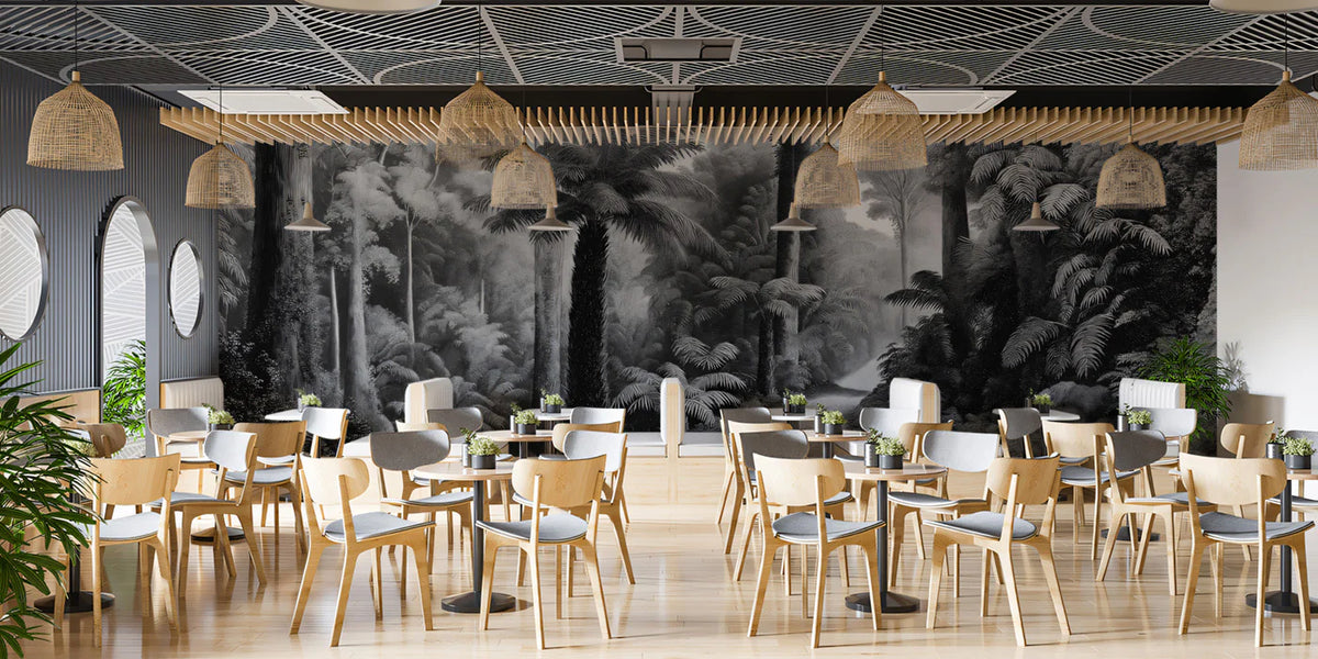 Vintage Rainforest Path Mural Wallpaper — Monochrome Botanical Art Mural Wallpaper - room preview 02