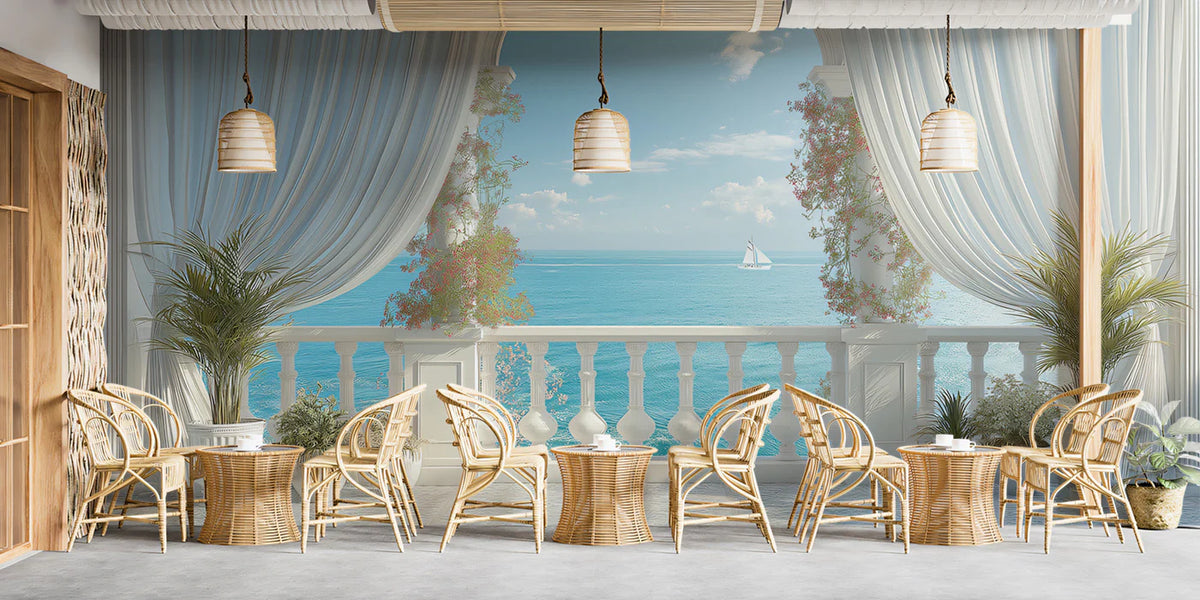 Mediterranean Sea View Mural Wallpaper — Romantic Archway Design Mural Wallpaper - room preview 02
