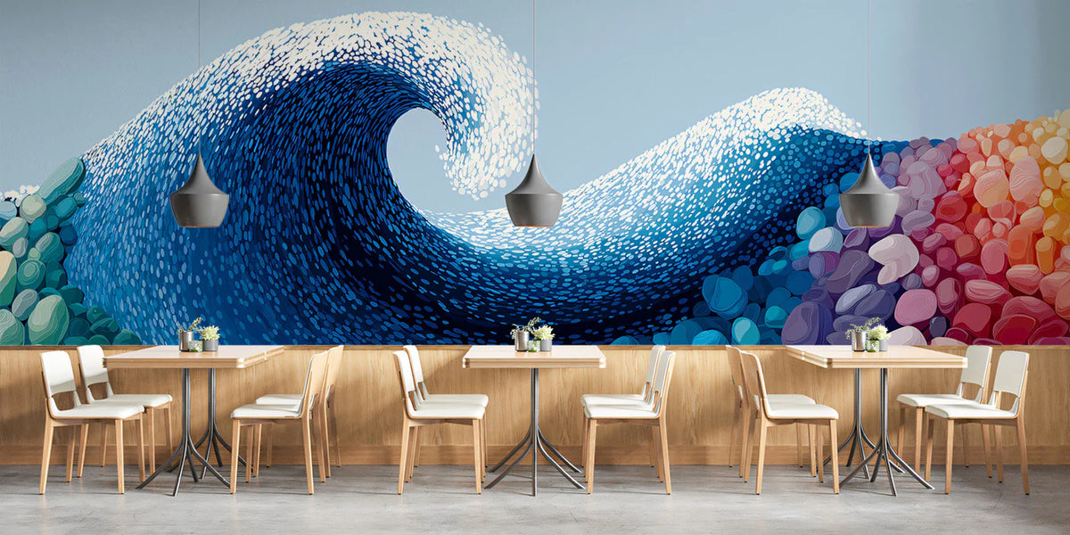 Stylized Ocean Wave Mural Wallpaper — Vibrant Pebble Shoreline Mural Wallpaper - room preview 02