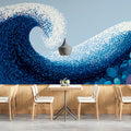 Stylized Ocean Wave Mural Wallpaper — Vibrant Pebble Shoreline Mural Wallpaper - room preview 02