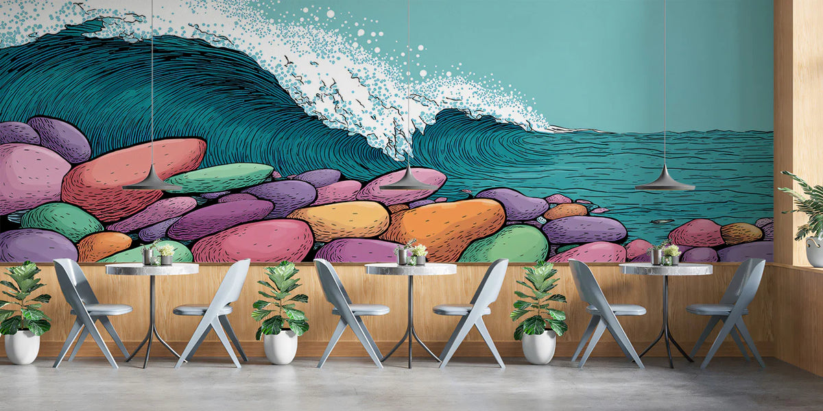 Graphic Pop Art Wave Mural Wallpaper — Coastal Retro Illustration Mural Wallpaper - room preview 02