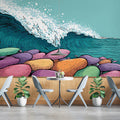 Graphic Pop Art Wave Mural Wallpaper — Coastal Retro Illustration Mural Wallpaper - room preview 02