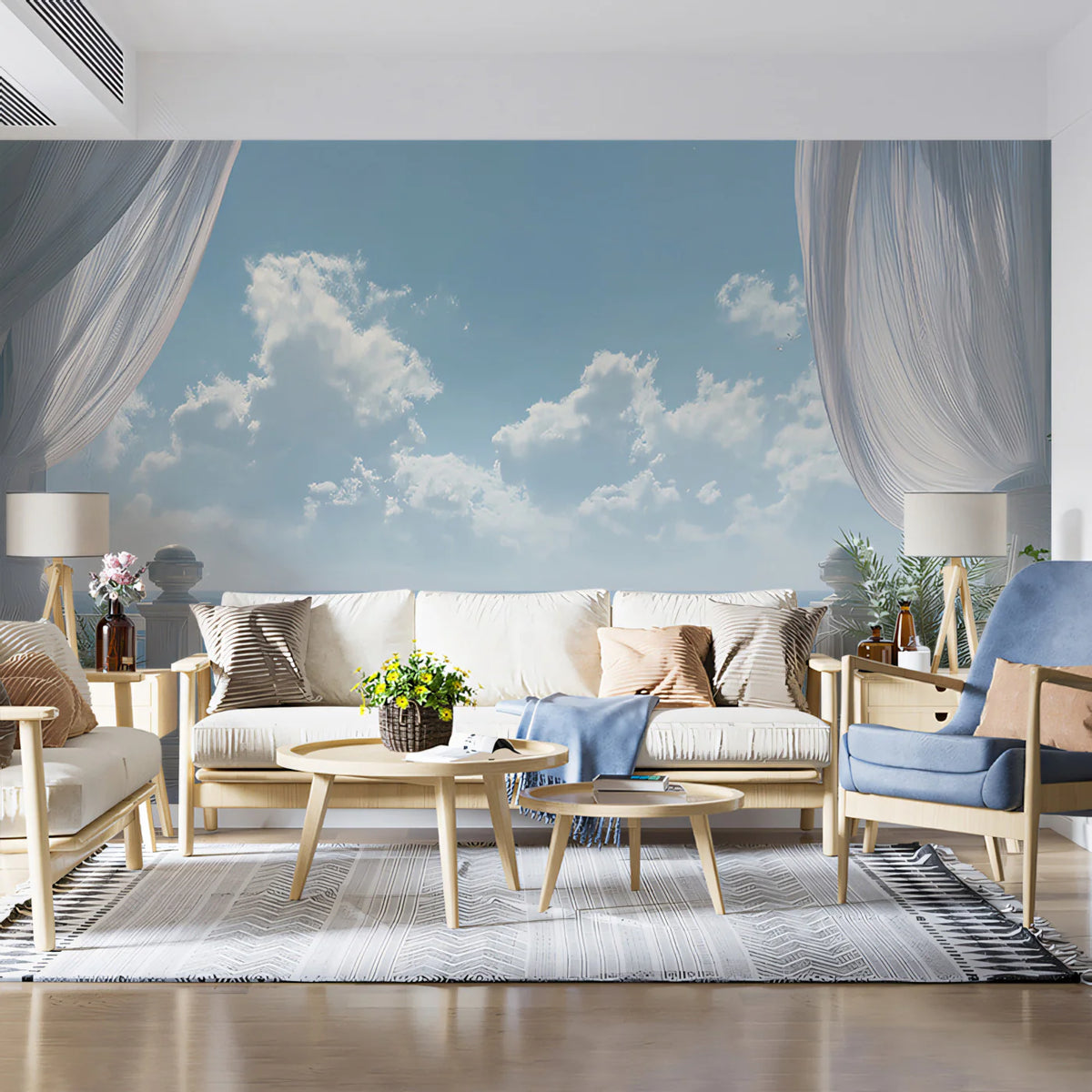 Coastal Terrace Curtain Mural Wallpaper — Ocean View Window Scene Mural Wallpaper - room preview 02