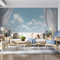 Coastal Terrace Curtain Mural Wallpaper — Ocean View Window Scene Mural Wallpaper - room preview 02