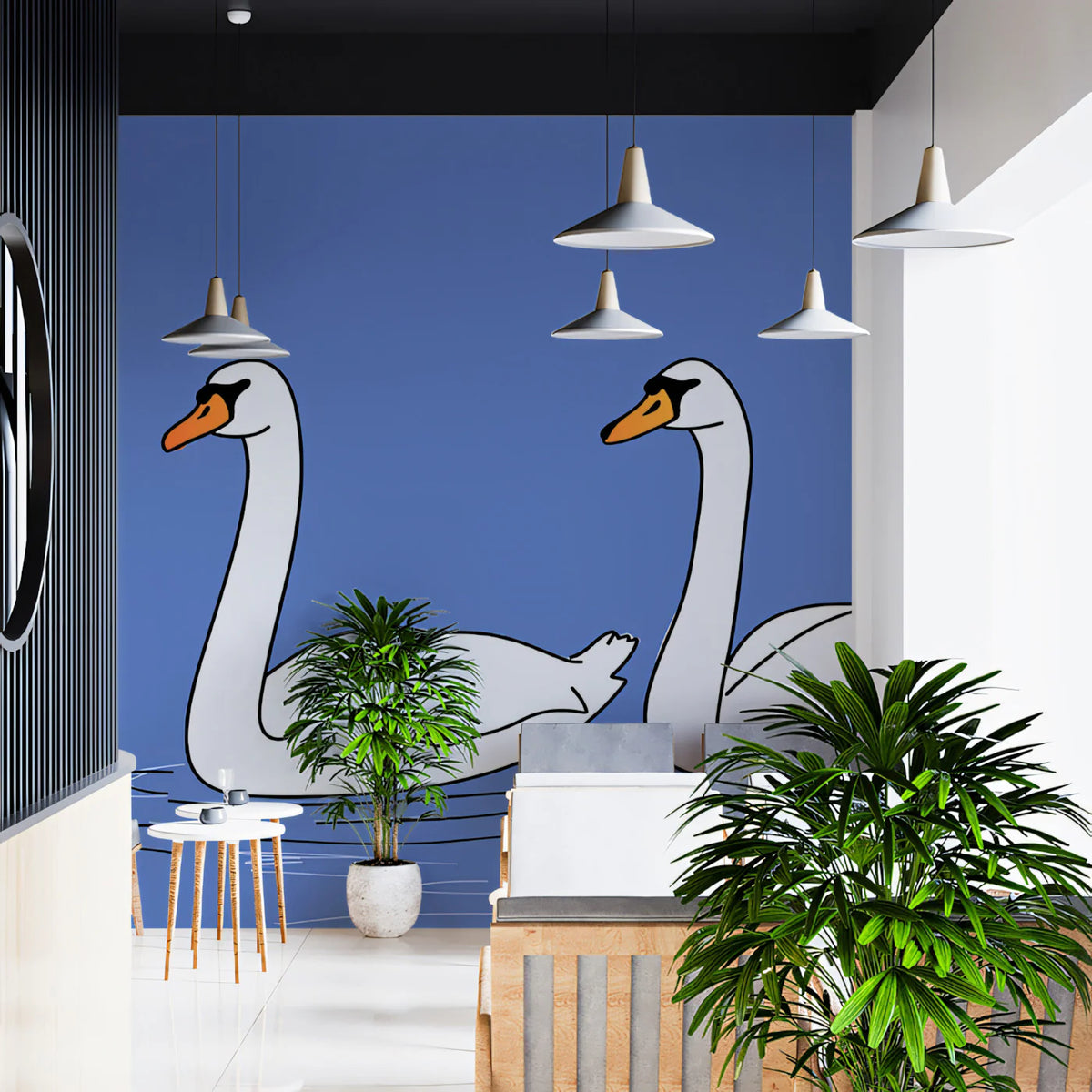 Minimalist Swan Parade Mural Wallpaper — Soft Blue Sketch Mural Wallpaper - room preview 02
