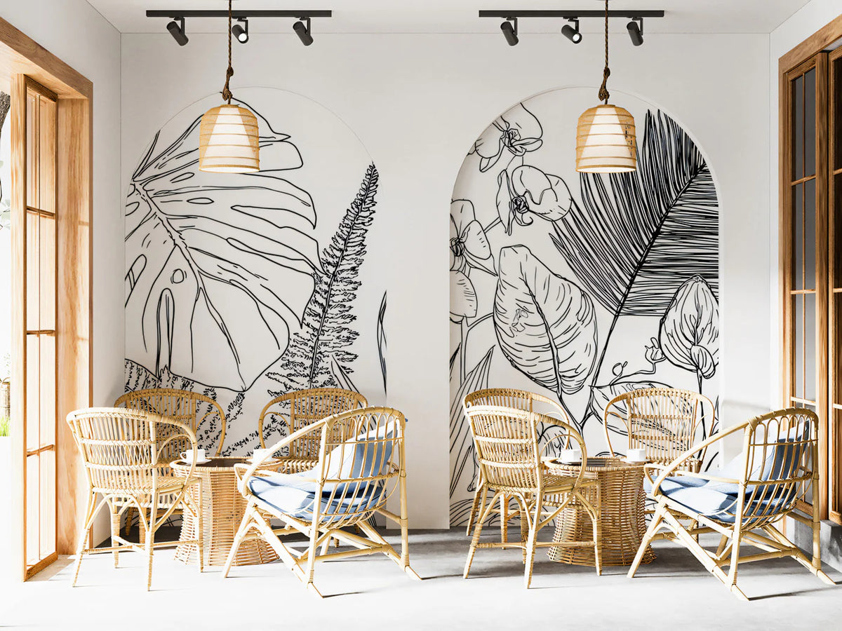 Minimalist Tropical Flora Mural Wallpaper — Clean Botanical Line Art Mural Wallpaper - room preview 02