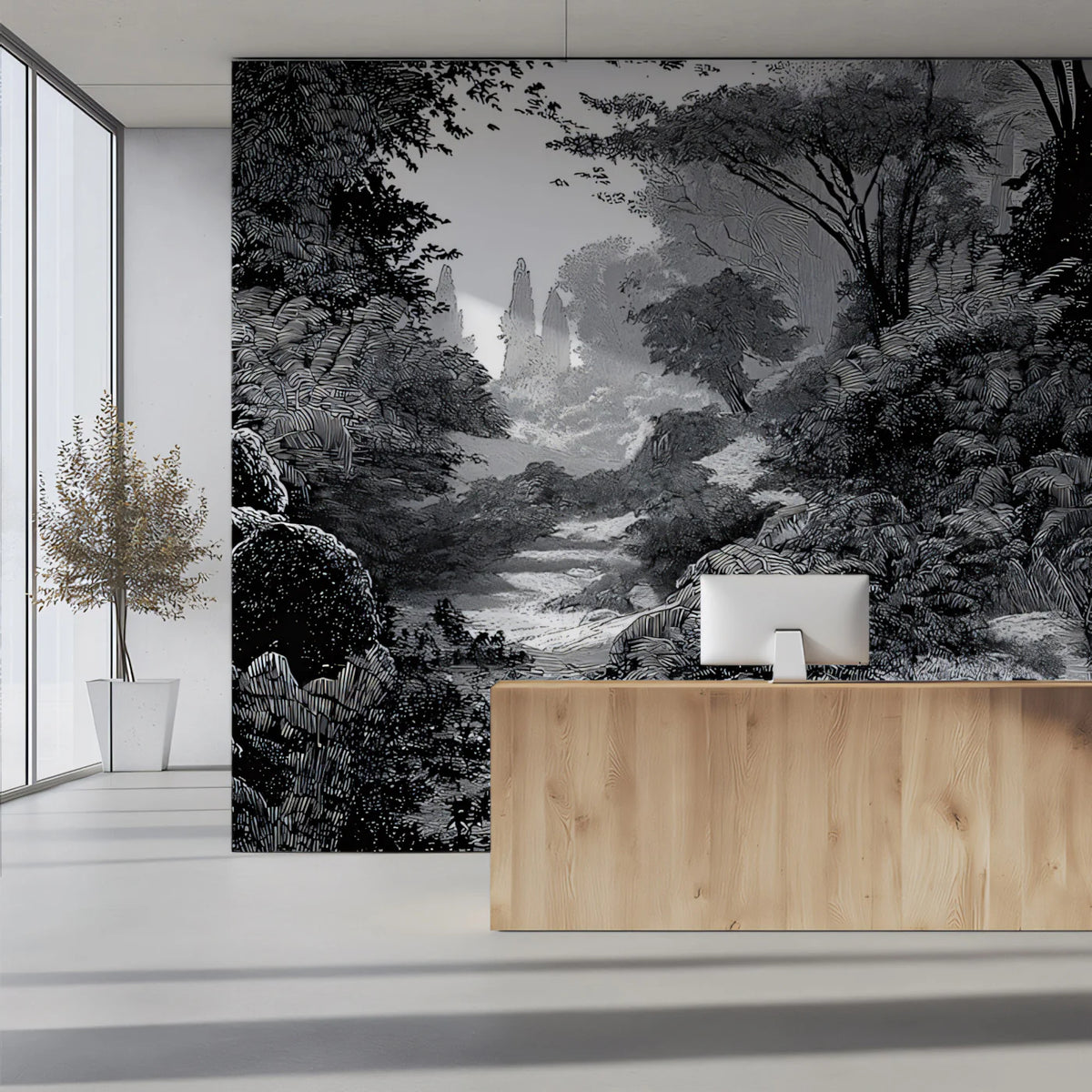 Monochrome Woodland Stream Mural Wallpaper — Vintage Engraving Style Mural Wallpaper - room preview 02