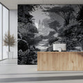 Monochrome Woodland Stream Mural Wallpaper — Vintage Engraving Style Mural Wallpaper - room preview 02
