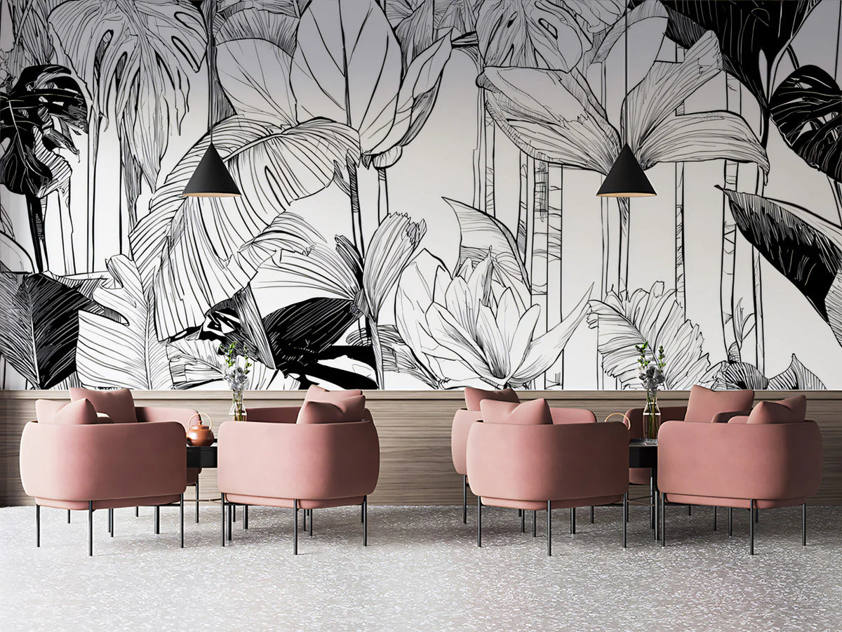 Monochrome Tropical Foliage Mural Wallpaper — Graphic Leaf Design Mural Wallpaper - room preview 02