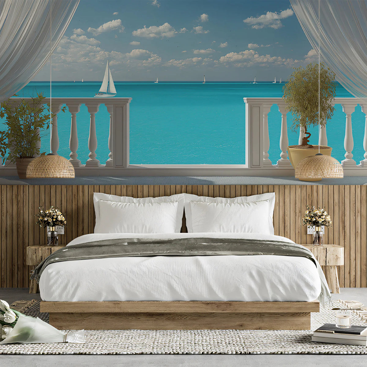 Mediterranean Balcony Mural Wallpaper — Coastal Sailboat Horizon Mural Wallpaper - room preview 02