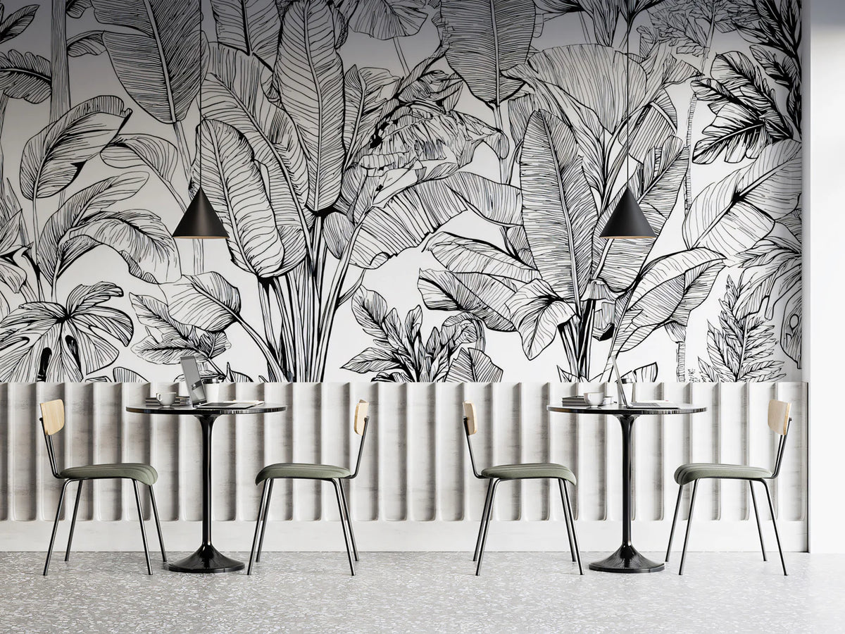 Ink Sketch Banana Leaf Mural Wallpaper — Monochromatic Botanical Mural Wallpaper - room preview 02