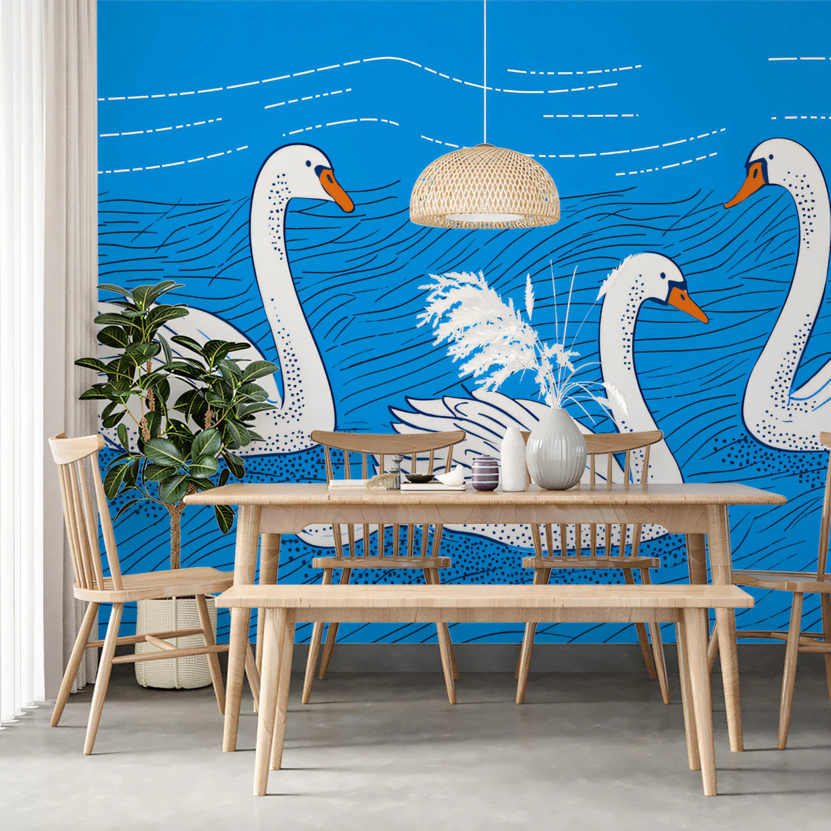 Floating Swans Mural Wallpaper — Folk Art Illustration Mural Wallpaper - room preview 02