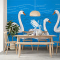 Floating Swans Mural Wallpaper — Folk Art Illustration Mural Wallpaper - room preview 02