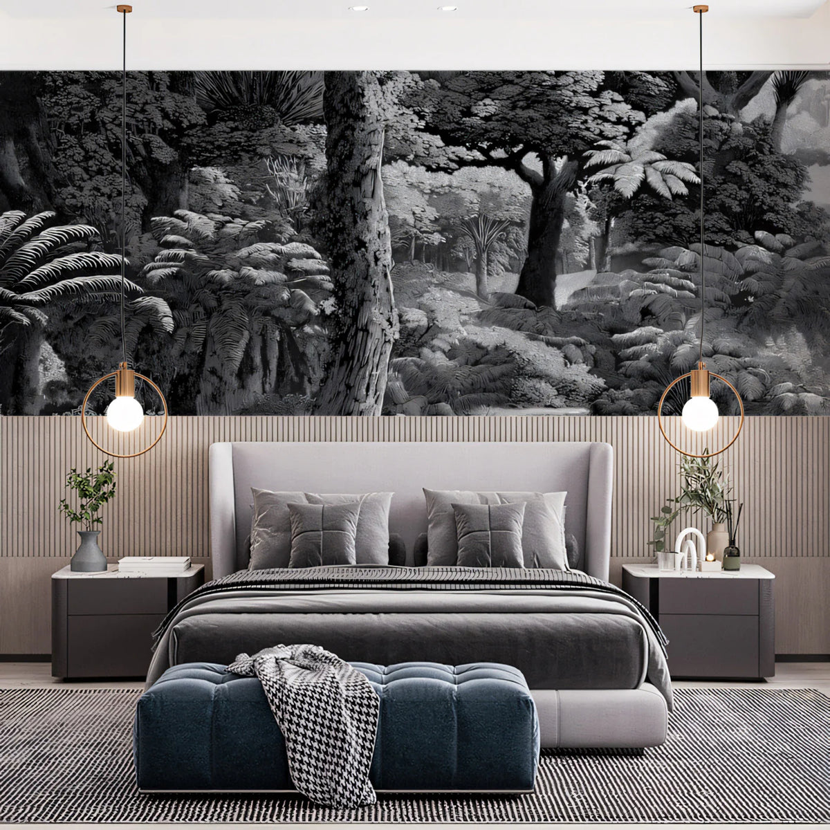 Primeval Fern Grove Mural Wallpaper — Dramatic Monochrome Etching Mural Wallpaper - room preview 02