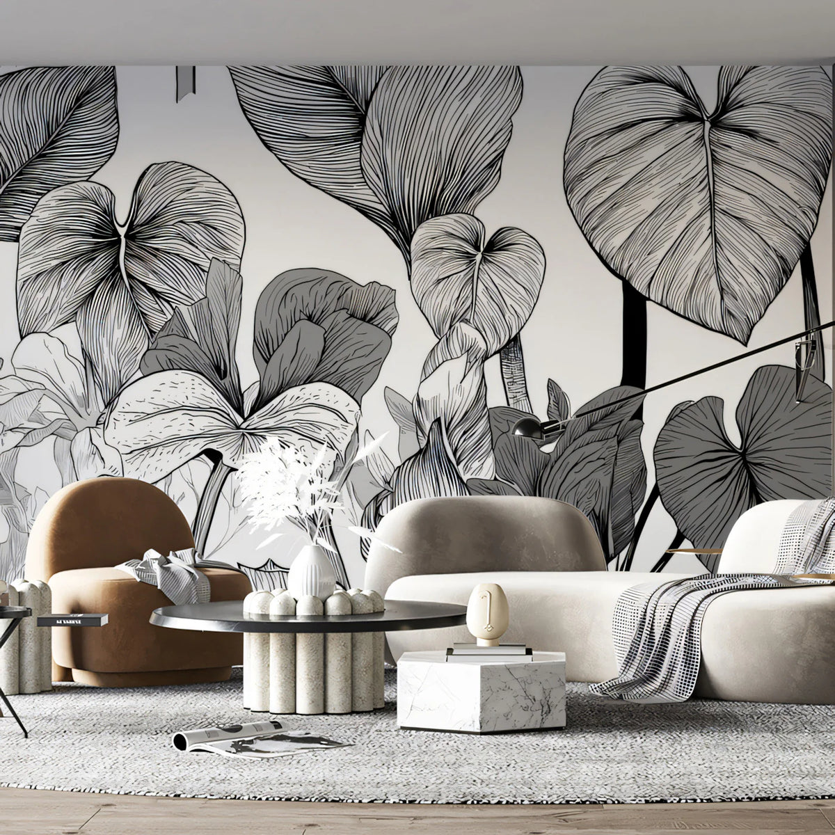 Botanical Sketch Mural Wallpaper — Monochrome Floral Line Art Mural Wallpaper - room preview 02
