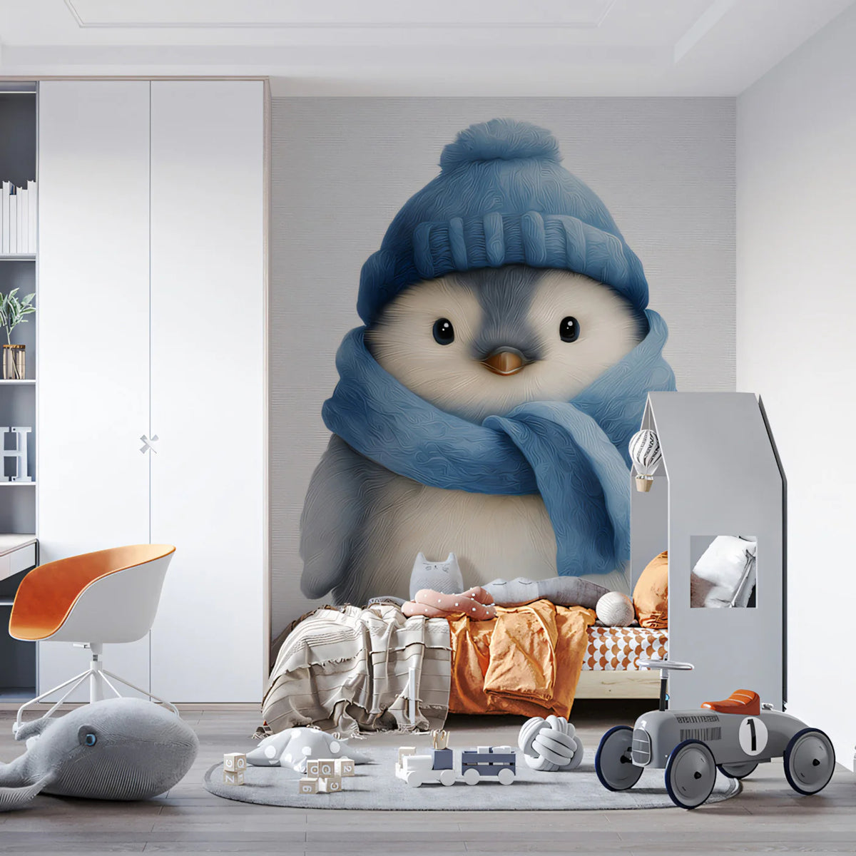 Baby Penguin Mural Wallpaper — Whimsical Winter Illustration Mural Wallpaper - room preview 02