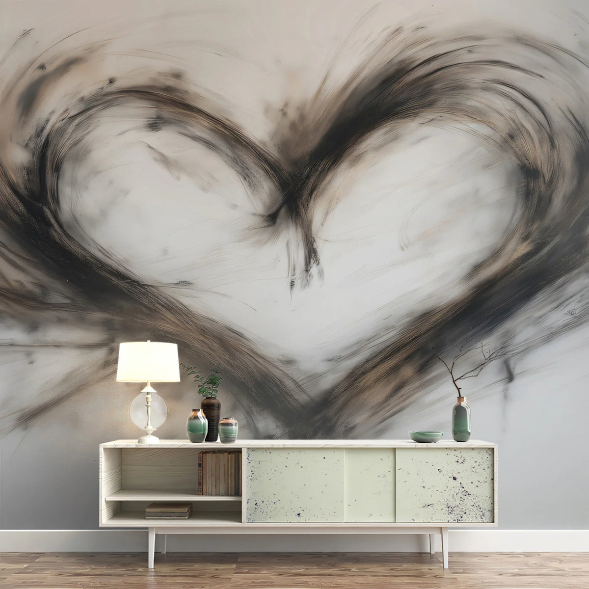 Abstract Charcoal Heart Mural Wallpaper — Expressive Artistic Design Mural Wallpaper - room preview 02
