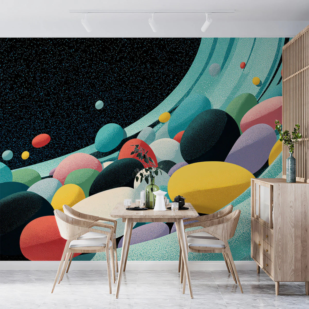 Cosmic Pebble Flow Mural Wallpaper — Abstract Retro Wave Mural Wallpaper - room preview 02