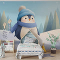 Winter Penguin Character Mural Wallpaper — Whimsical Holiday Scene Mural Wallpaper - room preview 02