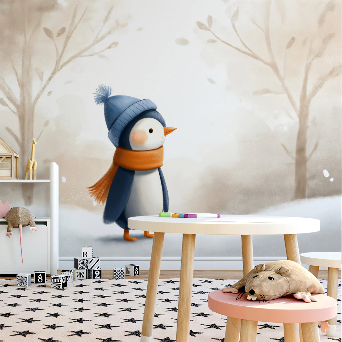 Winter Penguin Woodland Mural Wallpaper — Whimsical Snowy Scene Mural Wallpaper - room preview 02