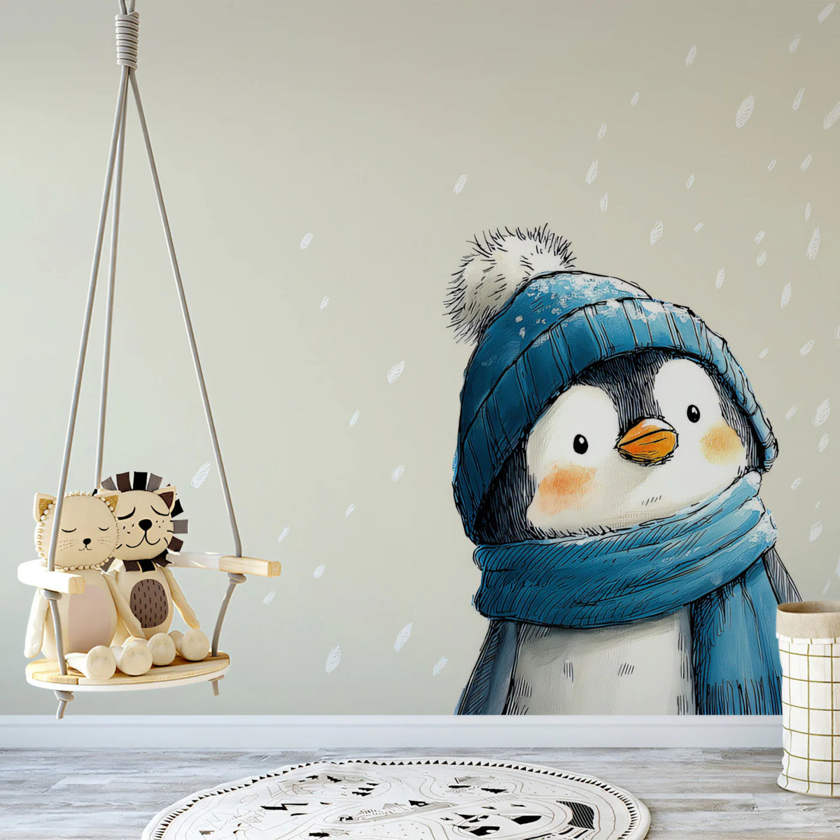 Winter Penguin Sketch Mural Wallpaper — Gentle Hand-Drawn Illustration Mural Wallpaper - room preview 02
