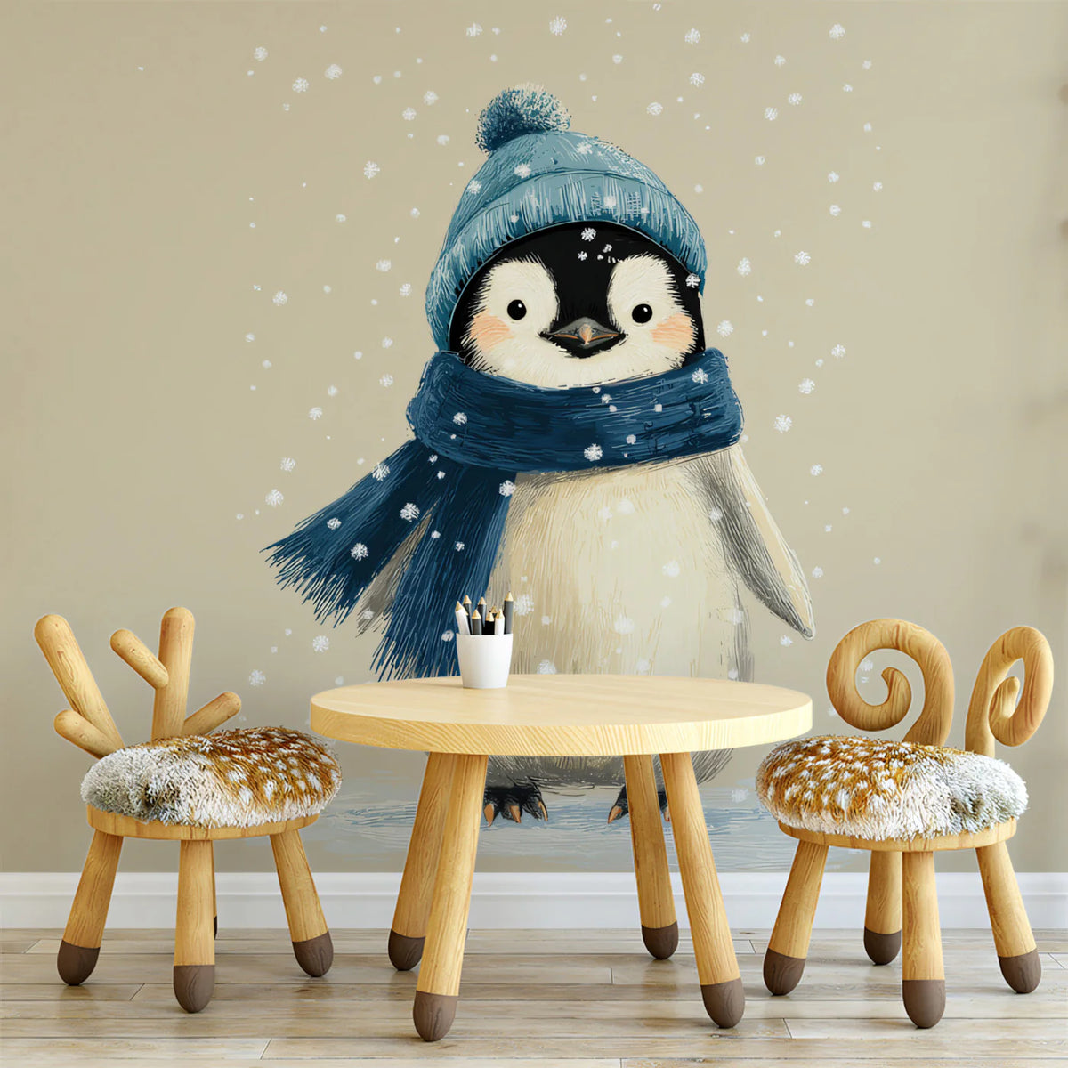 Snowy Penguin Mural Wallpaper — Whimsical Winter Illustration Mural Wallpaper - room preview 02