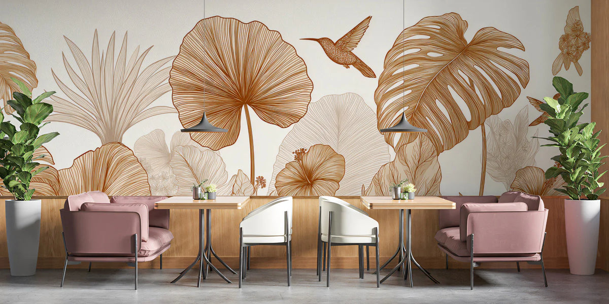Golden Botanical Line Art Mural Wallpaper — Tropical Sketch Mural Wallpaper - room preview 02